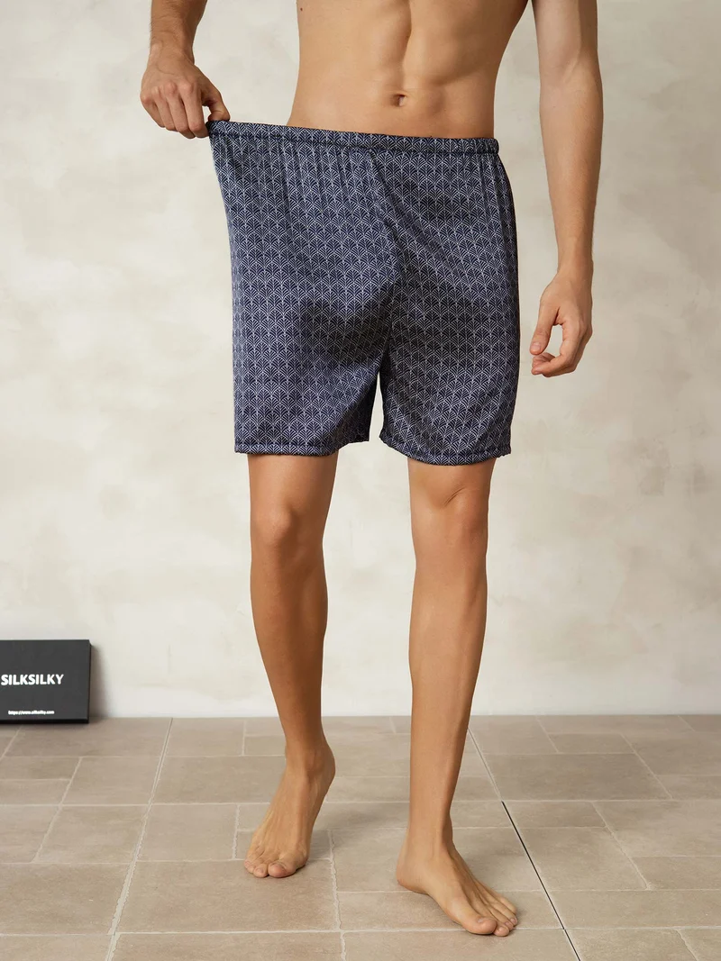 Reine Seide Herren-Schlafshorts mit marineblauem Ginkgomuster und Elastikbund