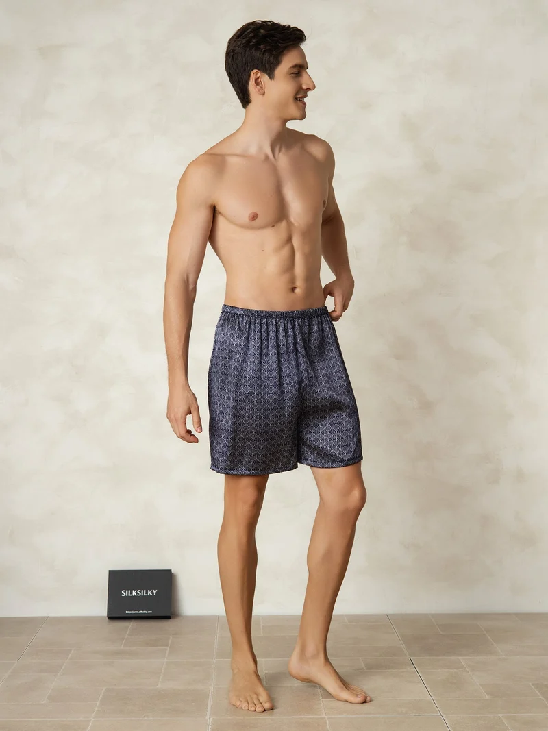 Reine Seide Herren-Schlafshorts mit marineblauem Ginkgomuster und Elastikbund