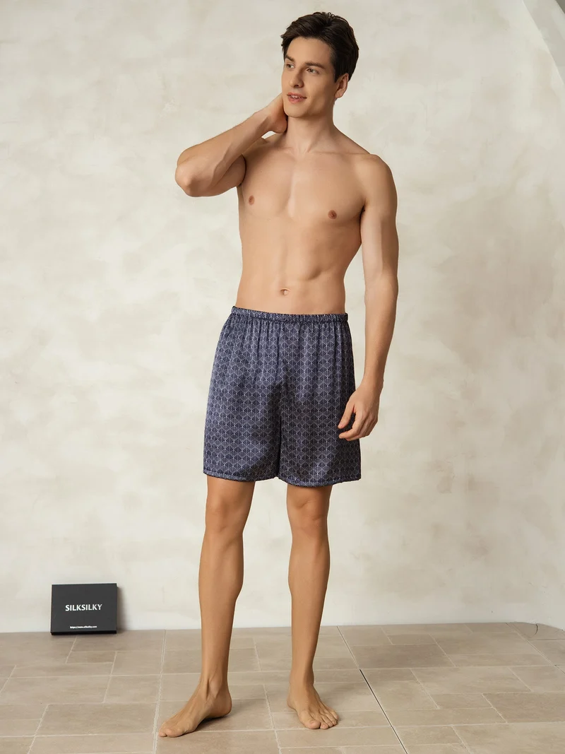 Reine Seide Herren-Schlafshorts mit marineblauem Ginkgomuster und Elastikbund