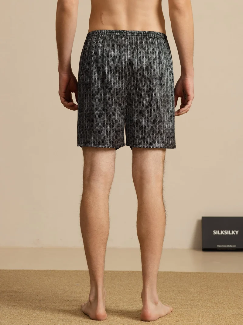 Reine Seide Herren-Schlafshorts mit marineblauem Ginkgomuster und Elastikbund