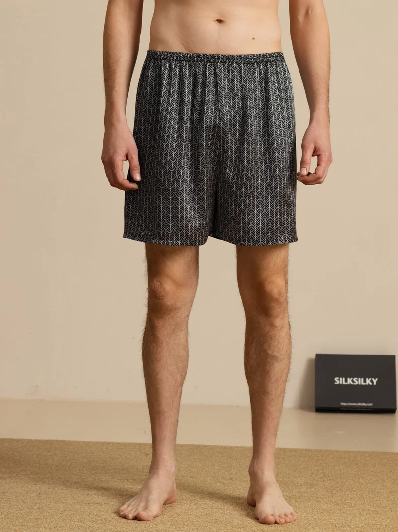 Reine Seide Herren-Schlafshorts mit marineblauem Ginkgomuster und Elastikbund