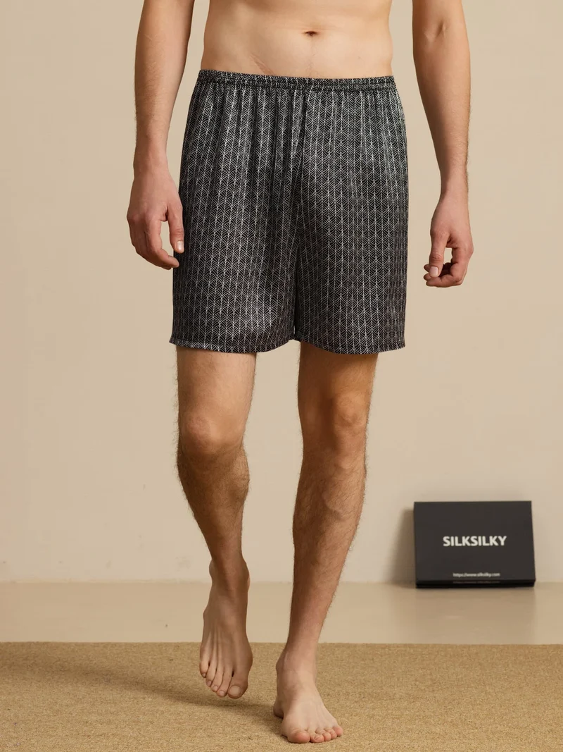 Reine Seide Herren-Schlafshorts mit marineblauem Ginkgomuster und Elastikbund