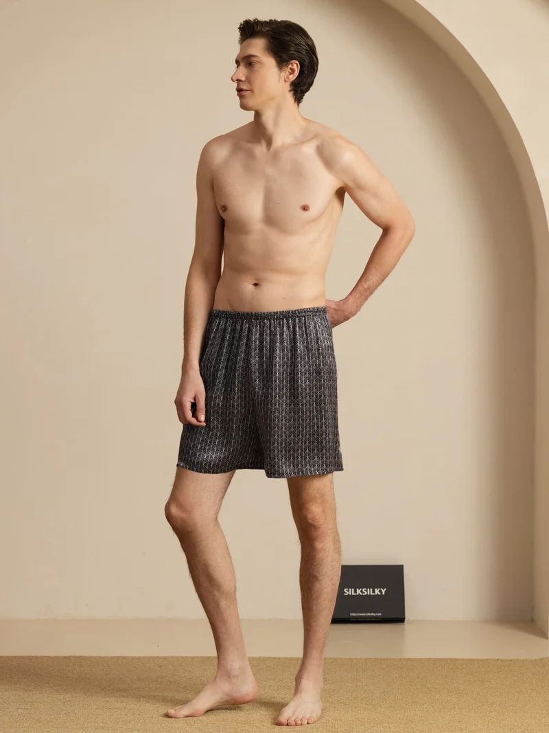 Reine Seide Herren-Schlafshorts mit marineblauem Ginkgomuster und Elastikbund