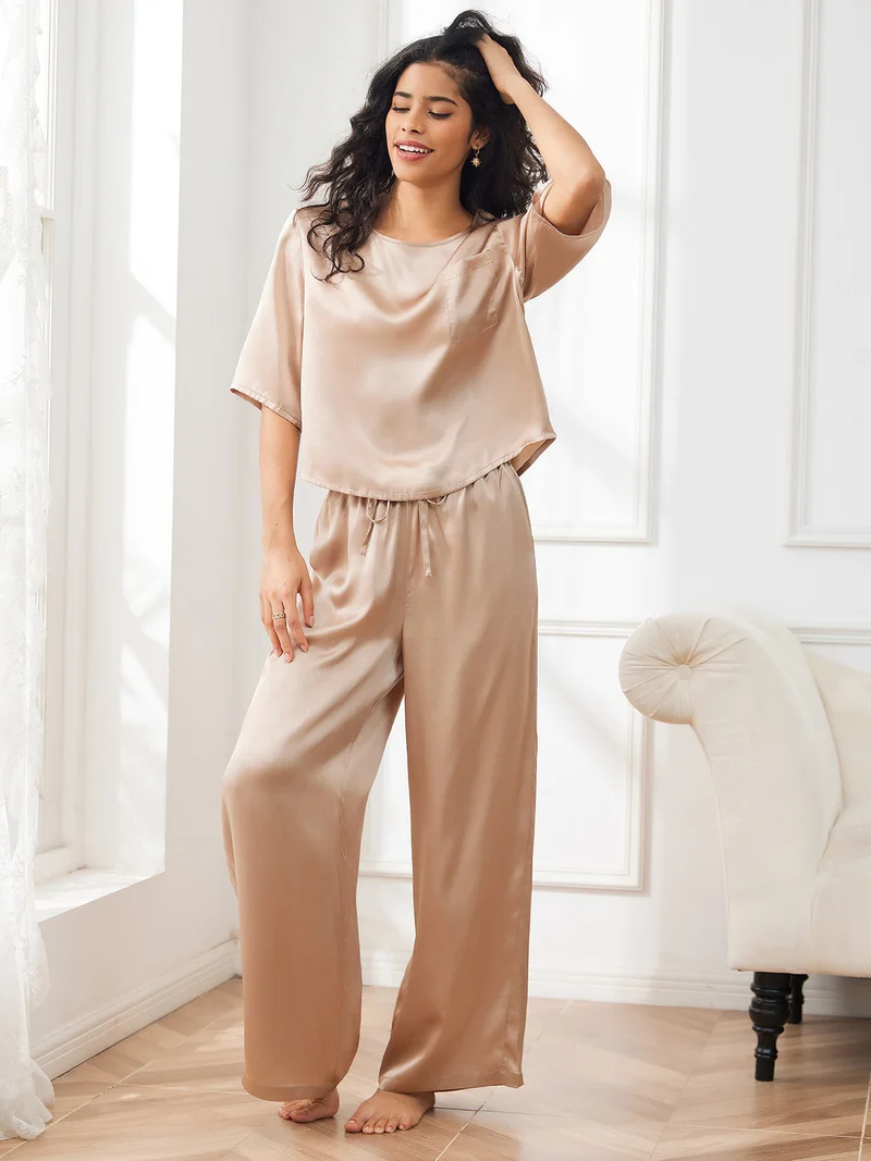 100% Maulbeerseide Damen-Halbarm-Pyjama-Set mit Rundhalsausschnitt