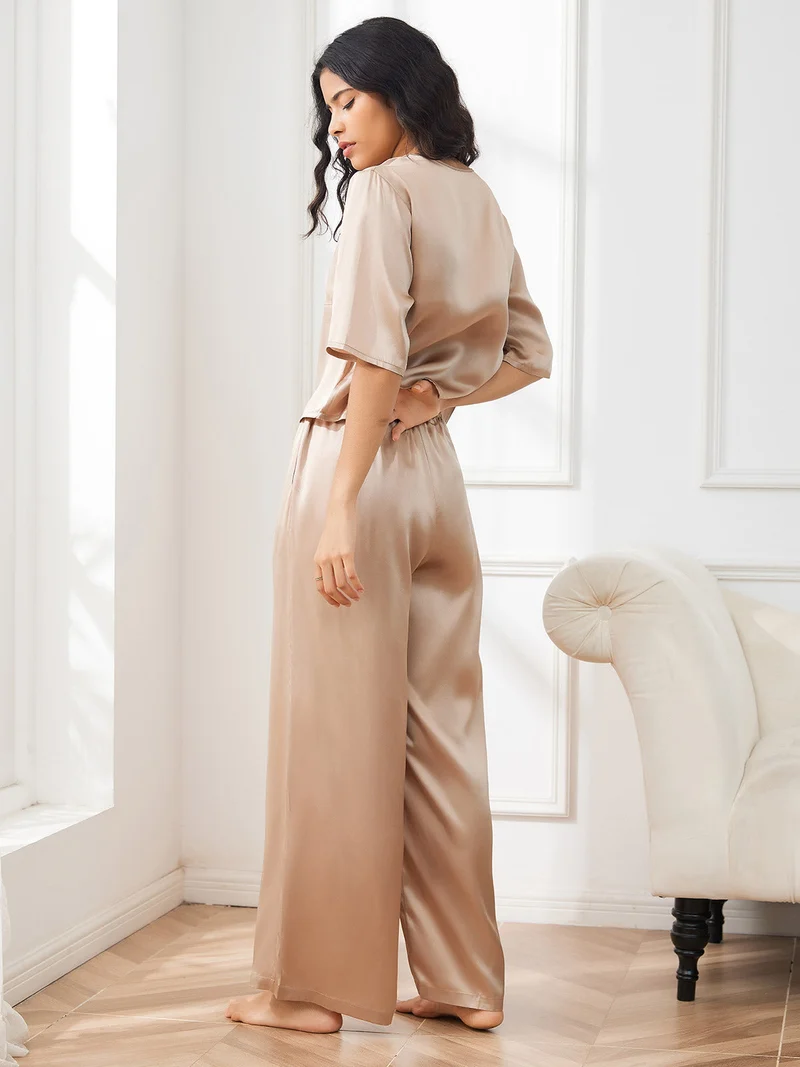 100% Maulbeerseide Damen-Halbarm-Pyjama-Set mit Rundhalsausschnitt