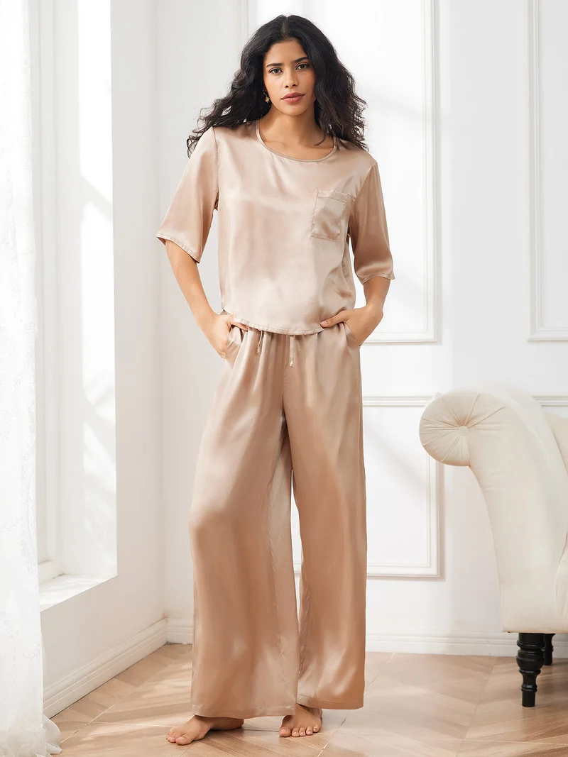 100% Maulbeerseide Damen-Halbarm-Pyjama-Set mit Rundhalsausschnitt