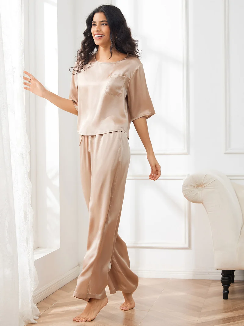 100% Maulbeerseide Damen-Halbarm-Pyjama-Set mit Rundhalsausschnitt
