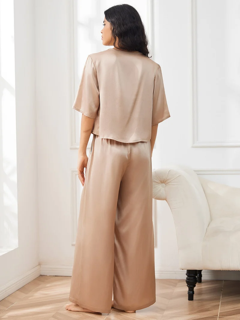 100% Maulbeerseide Damen-Halbarm-Pyjama-Set mit Rundhalsausschnitt