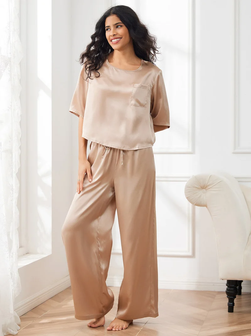 100% Maulbeerseide Damen-Halbarm-Pyjama-Set mit Rundhalsausschnitt