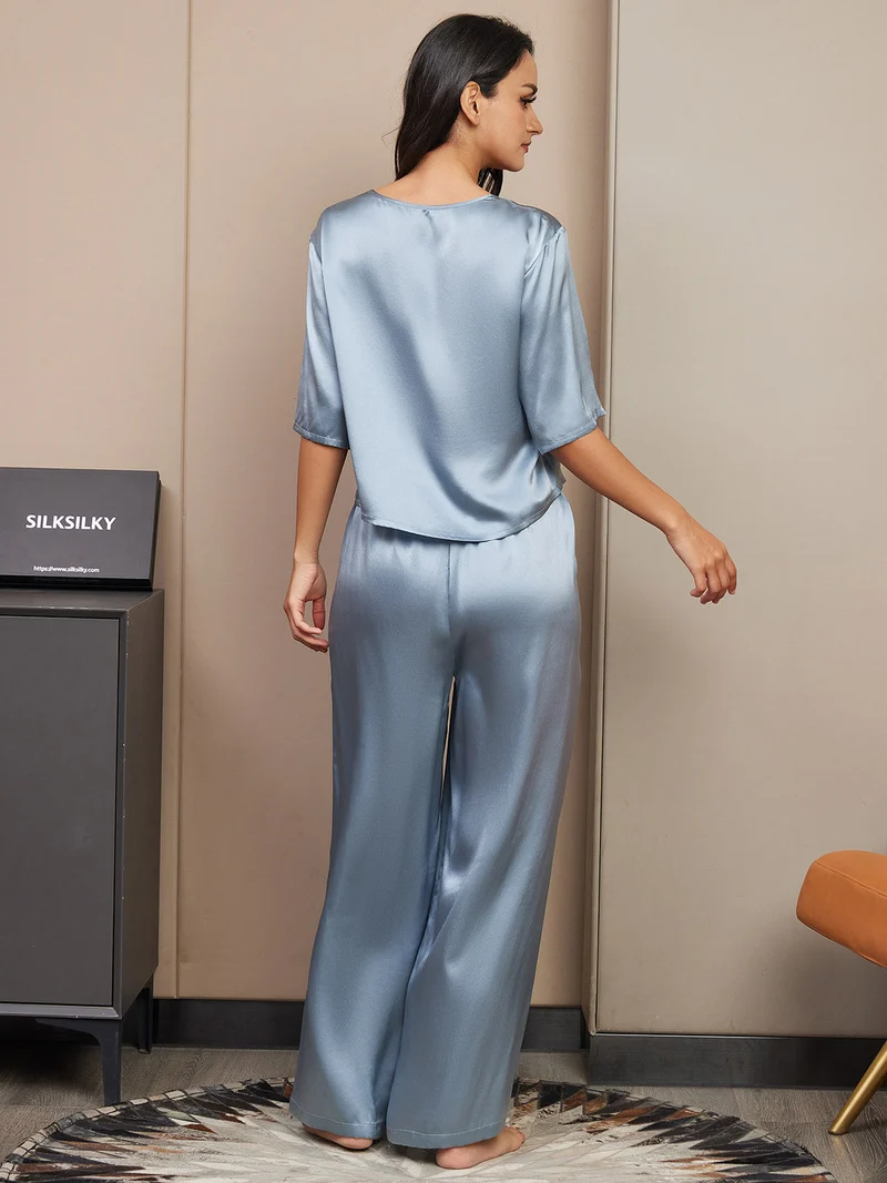 100% Maulbeerseide Damen-Halbarm-Pyjama-Set mit Rundhalsausschnitt