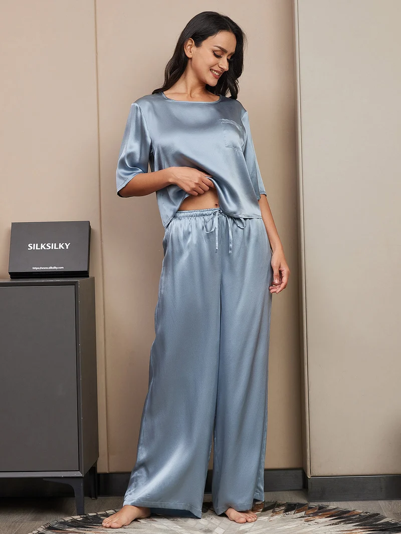 100% Maulbeerseide Damen-Halbarm-Pyjama-Set mit Rundhalsausschnitt