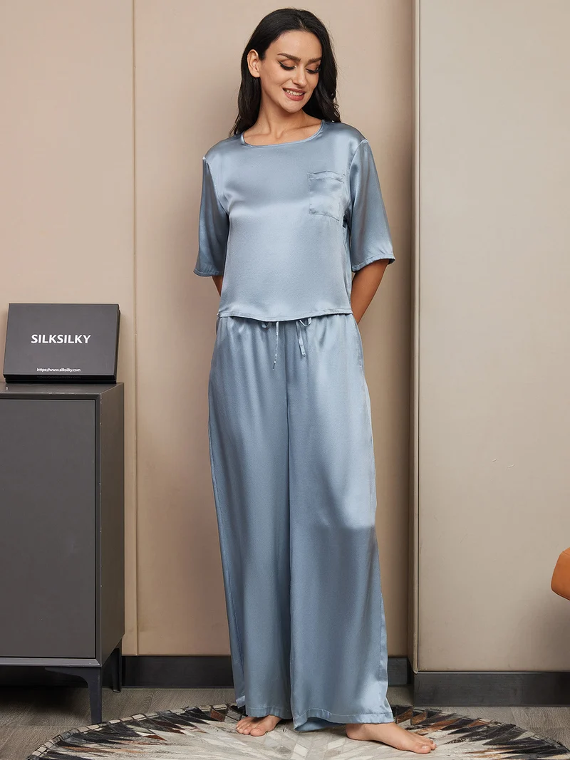 100% Maulbeerseide Damen-Halbarm-Pyjama-Set mit Rundhalsausschnitt