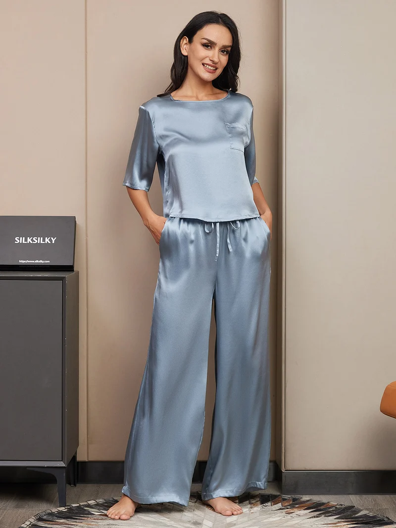 100% Maulbeerseide Damen-Halbarm-Pyjama-Set mit Rundhalsausschnitt