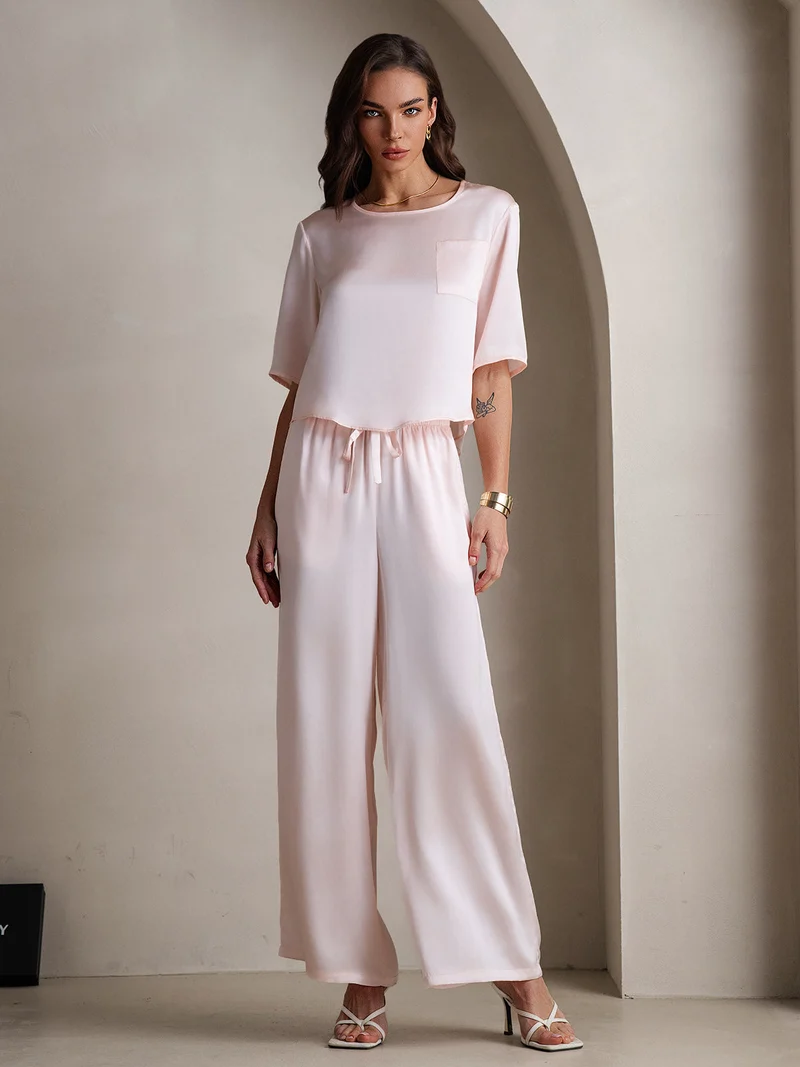 100% Maulbeerseide Damen-Halbarm-Pyjama-Set mit Rundhalsausschnitt