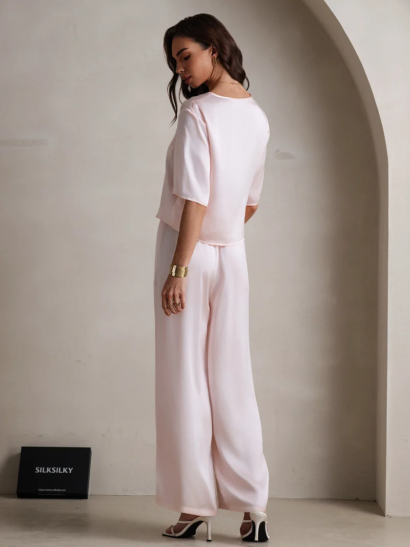 100% Maulbeerseide Damen-Halbarm-Pyjama-Set mit Rundhalsausschnitt