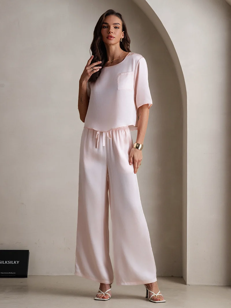 100% Maulbeerseide Damen-Halbarm-Pyjama-Set mit Rundhalsausschnitt