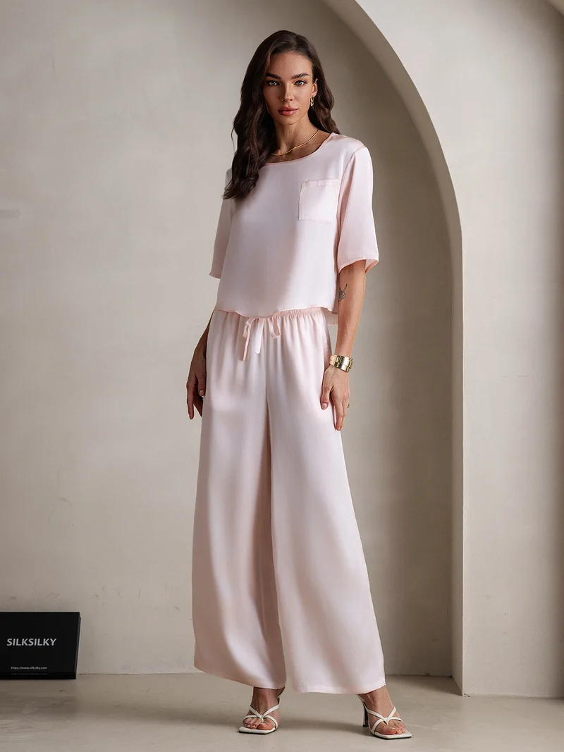 100% Maulbeerseide Damen-Halbarm-Pyjama-Set mit Rundhalsausschnitt