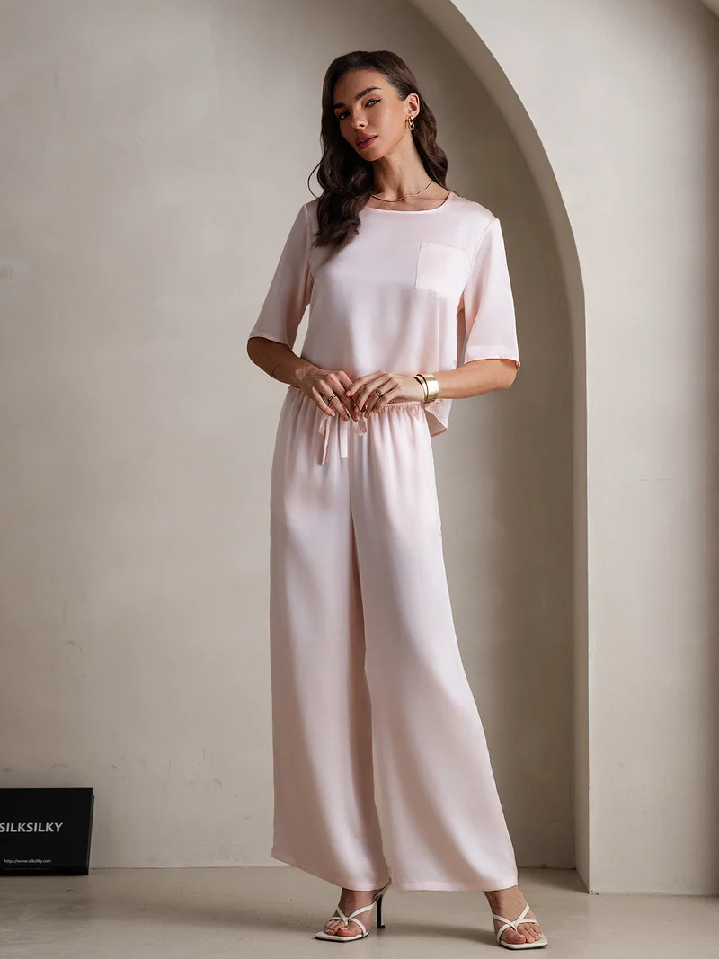 100% Maulbeerseide Damen-Halbarm-Pyjama-Set mit Rundhalsausschnitt