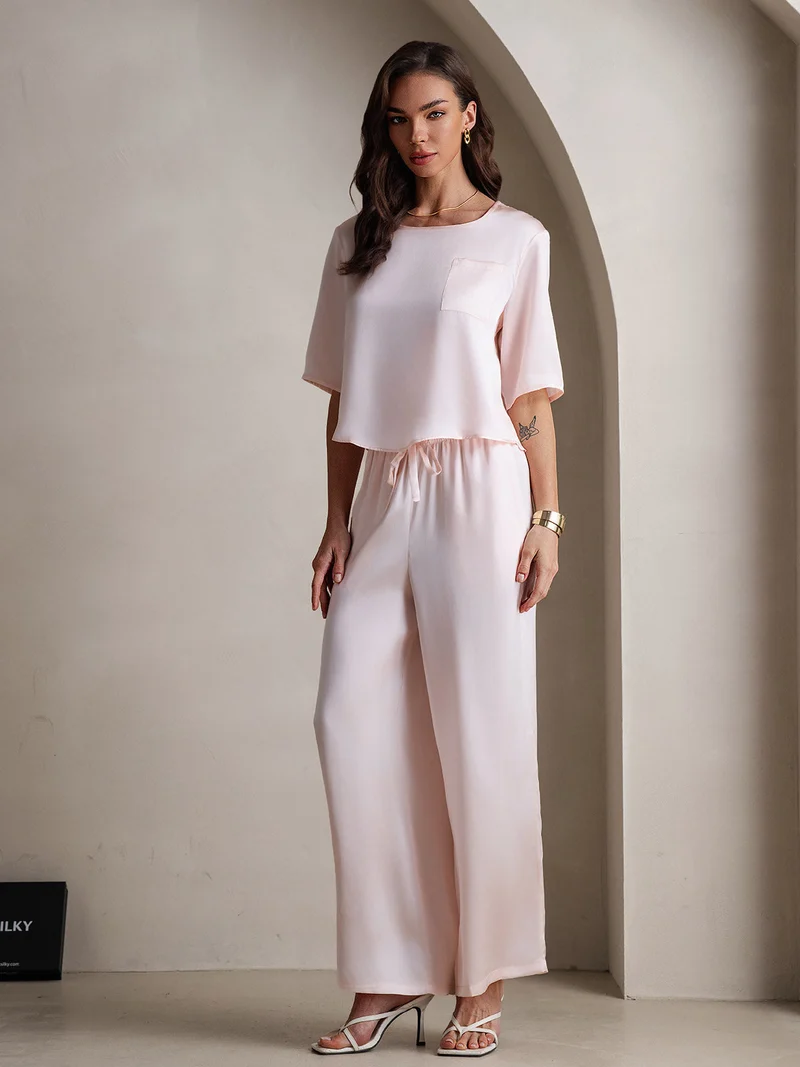 100% Maulbeerseide Damen-Halbarm-Pyjama-Set mit Rundhalsausschnitt