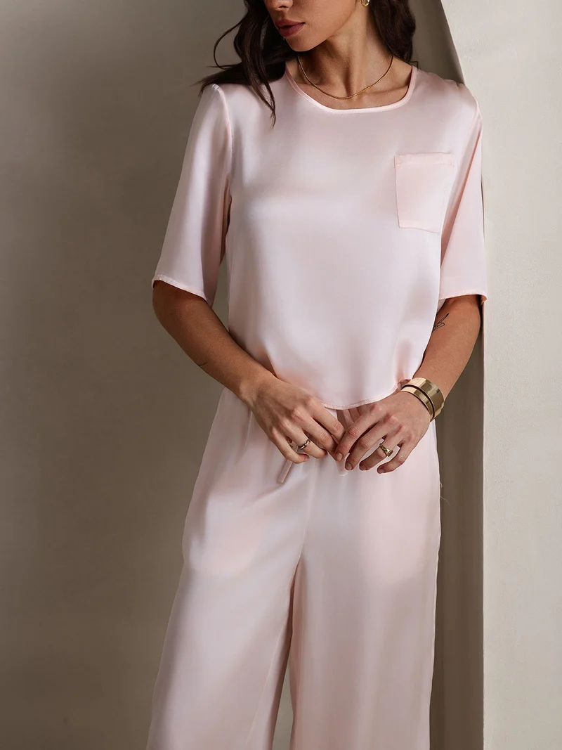 100% Maulbeerseide Damen-Halbarm-Pyjama-Set mit Rundhalsausschnitt