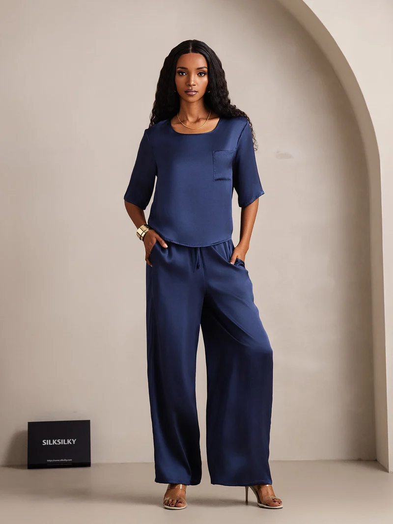 100% Maulbeerseide Damen-Halbarm-Pyjama-Set mit Rundhalsausschnitt