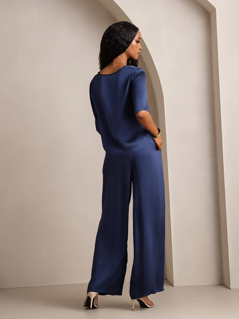 100% Maulbeerseide Damen-Halbarm-Pyjama-Set mit Rundhalsausschnitt