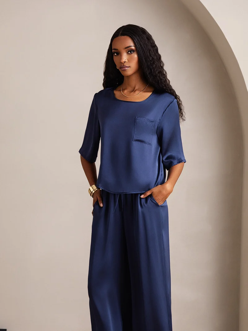 100% Maulbeerseide Damen-Halbarm-Pyjama-Set mit Rundhalsausschnitt