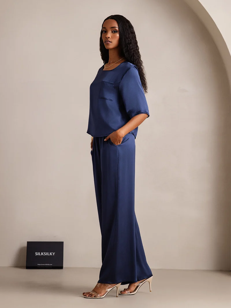 100% Maulbeerseide Damen-Halbarm-Pyjama-Set mit Rundhalsausschnitt