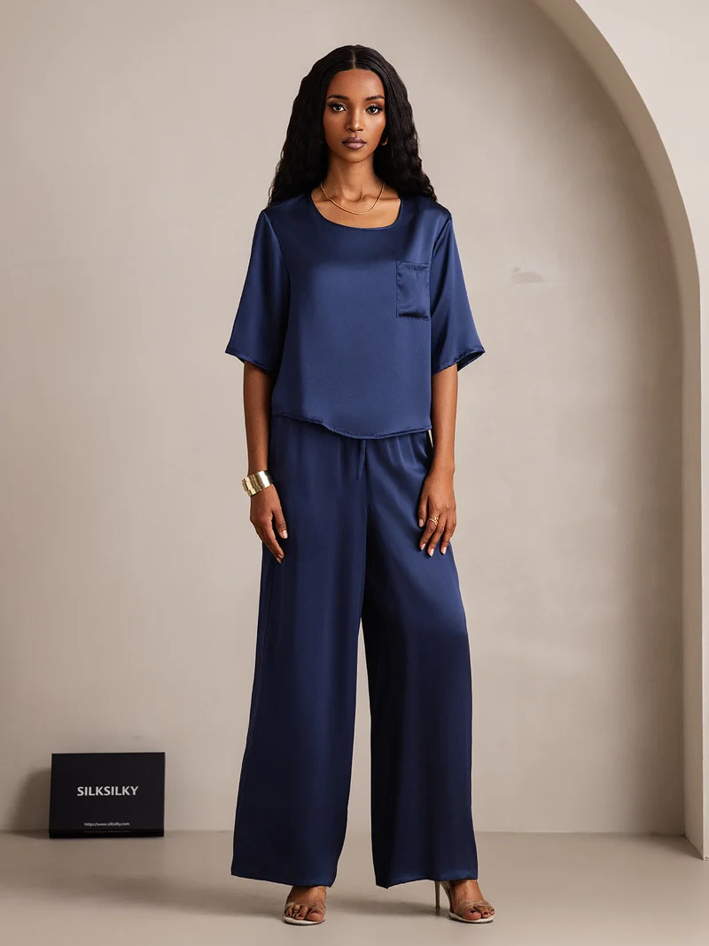 100% Maulbeerseide Damen-Halbarm-Pyjama-Set mit Rundhalsausschnitt