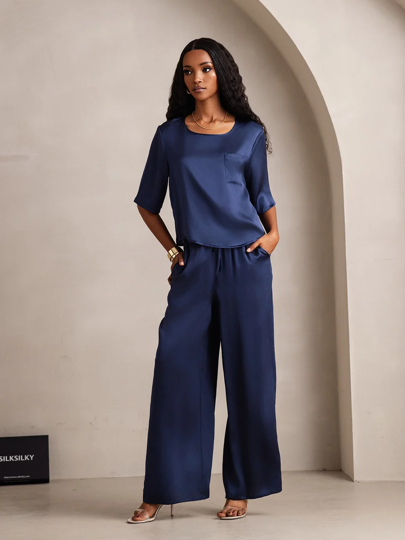 100% Maulbeerseide Damen-Halbarm-Pyjama-Set mit Rundhalsausschnitt