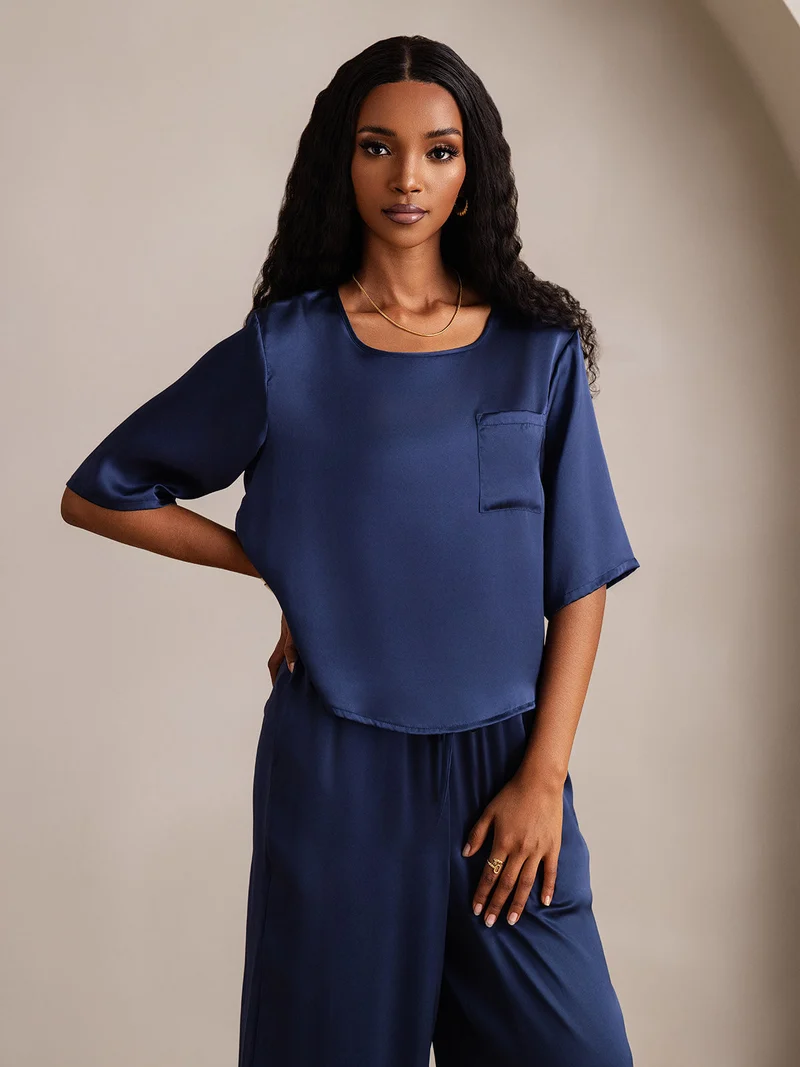 100% Maulbeerseide Damen-Halbarm-Pyjama-Set mit Rundhalsausschnitt