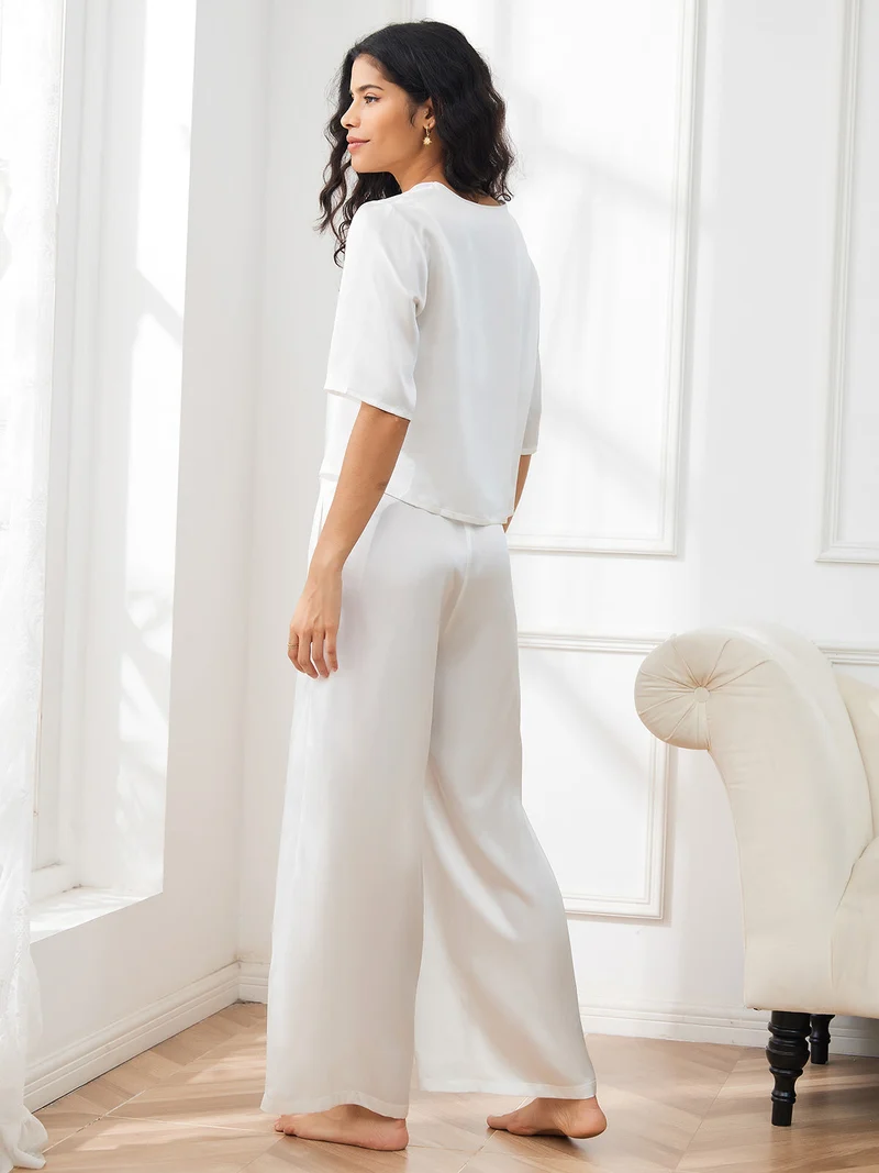 100% Maulbeerseide Damen-Halbarm-Pyjama-Set mit Rundhalsausschnitt