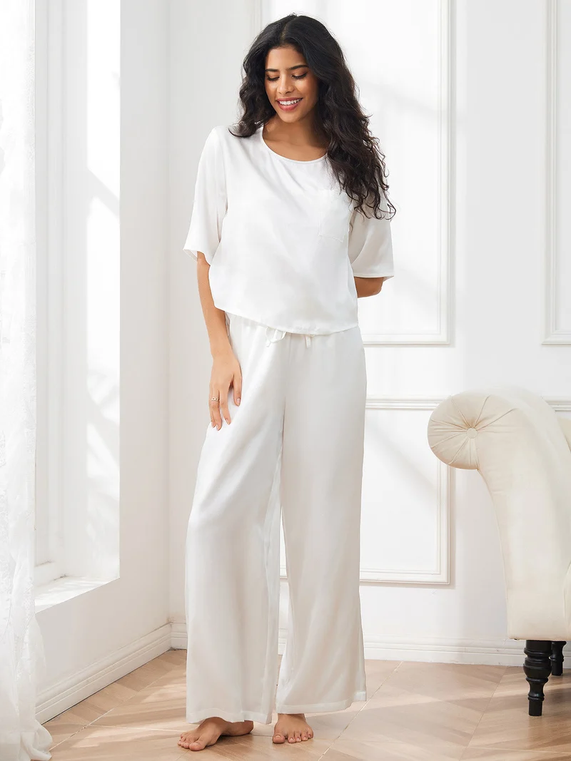 100% Maulbeerseide Damen-Halbarm-Pyjama-Set mit Rundhalsausschnitt