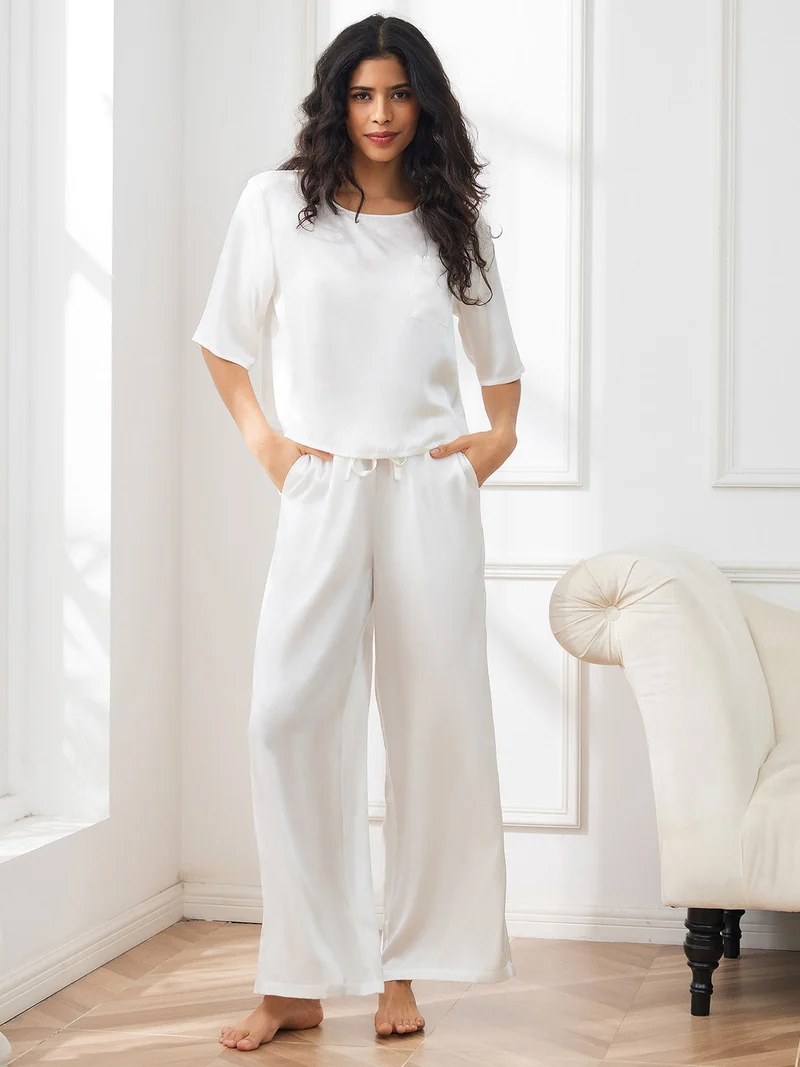 100% Maulbeerseide Damen-Halbarm-Pyjama-Set mit Rundhalsausschnitt