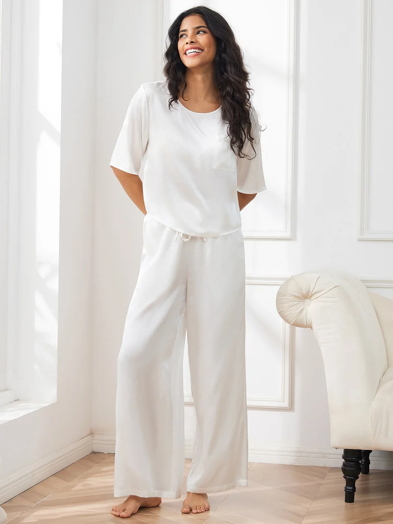100% Maulbeerseide Damen-Halbarm-Pyjama-Set mit Rundhalsausschnitt