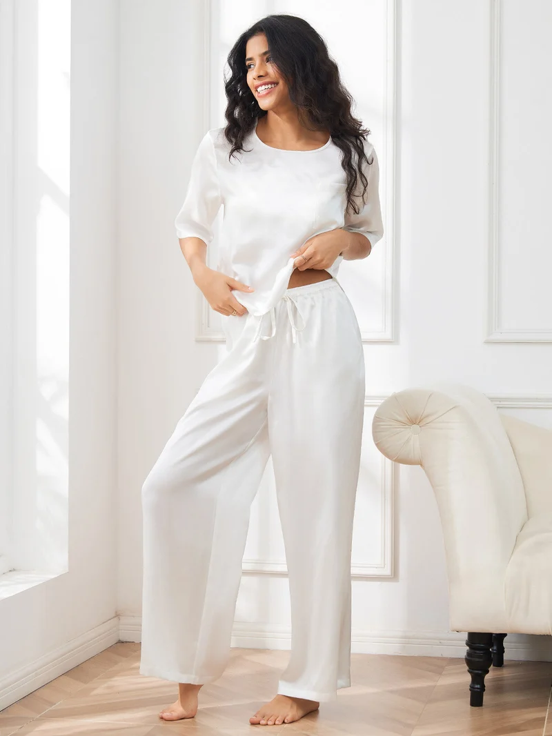 100% Maulbeerseide Damen-Halbarm-Pyjama-Set mit Rundhalsausschnitt