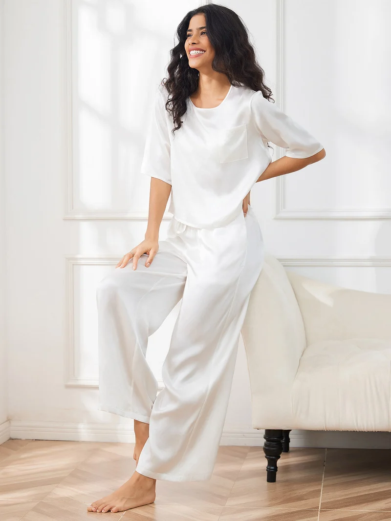 100% Maulbeerseide Damen-Halbarm-Pyjama-Set mit Rundhalsausschnitt