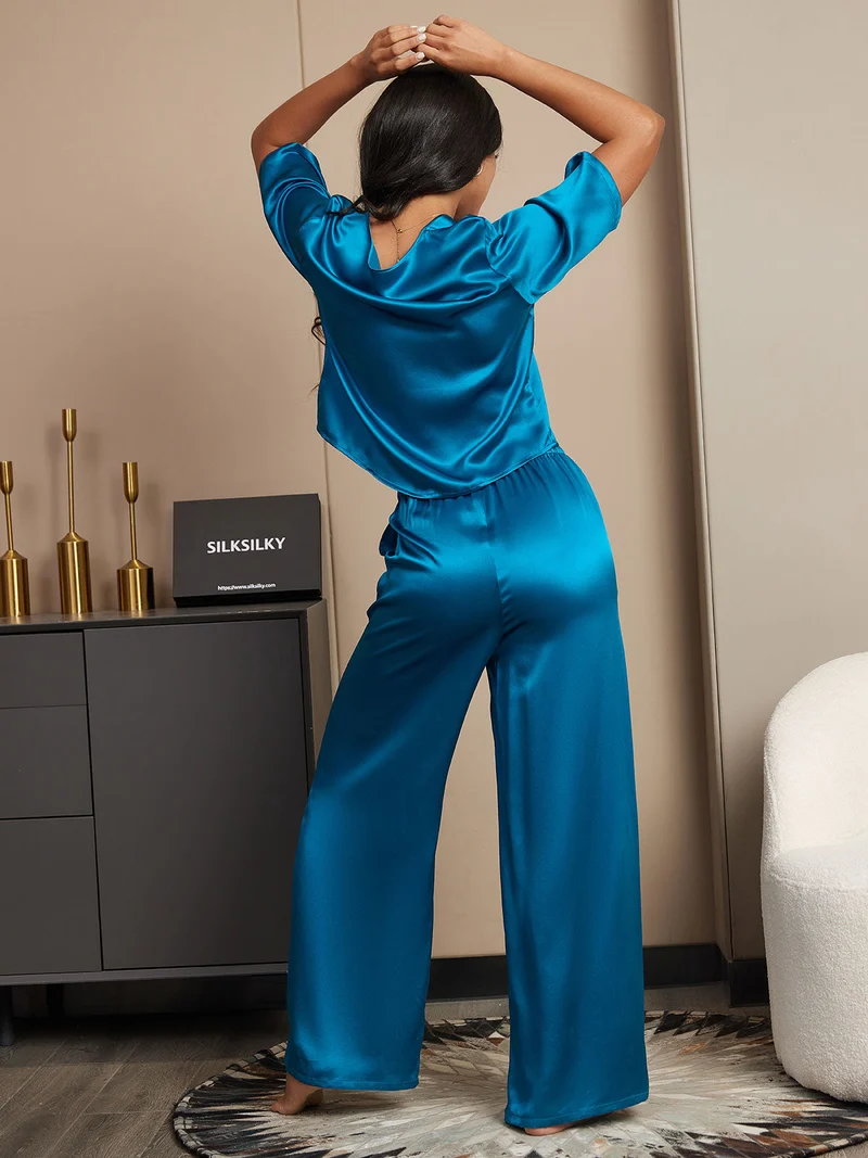 100% Maulbeerseide Damen-Halbarm-Pyjama-Set mit Rundhalsausschnitt
