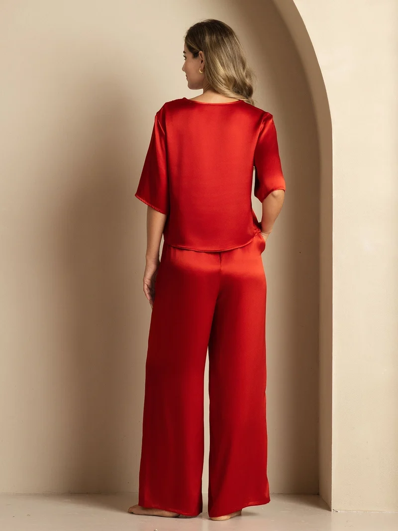 100% Maulbeerseide Damen-Halbarm-Pyjama-Set mit Rundhalsausschnitt