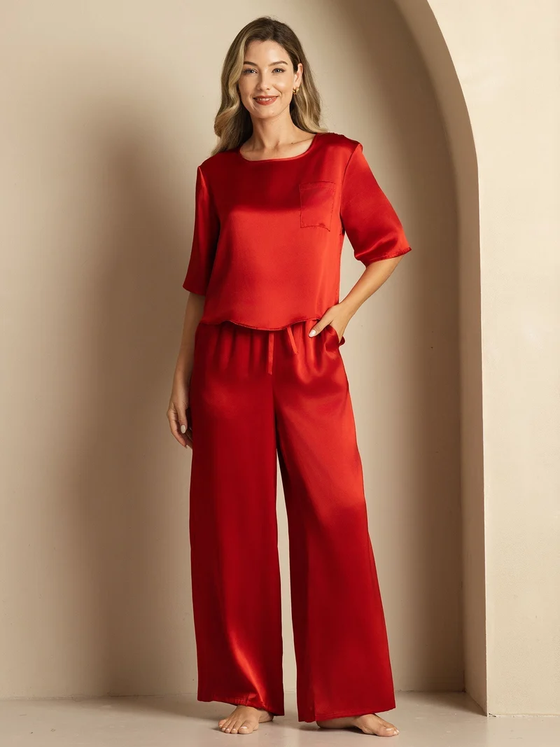 100% Maulbeerseide Damen-Halbarm-Pyjama-Set mit Rundhalsausschnitt