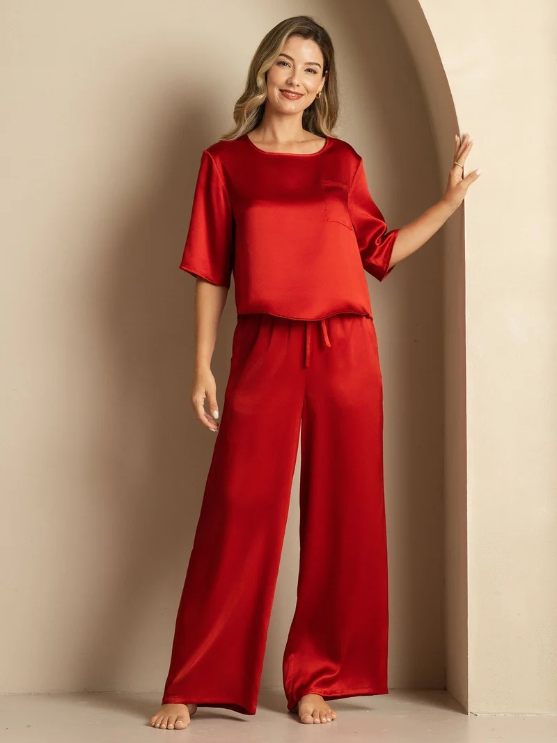 100% Maulbeerseide Damen-Halbarm-Pyjama-Set mit Rundhalsausschnitt