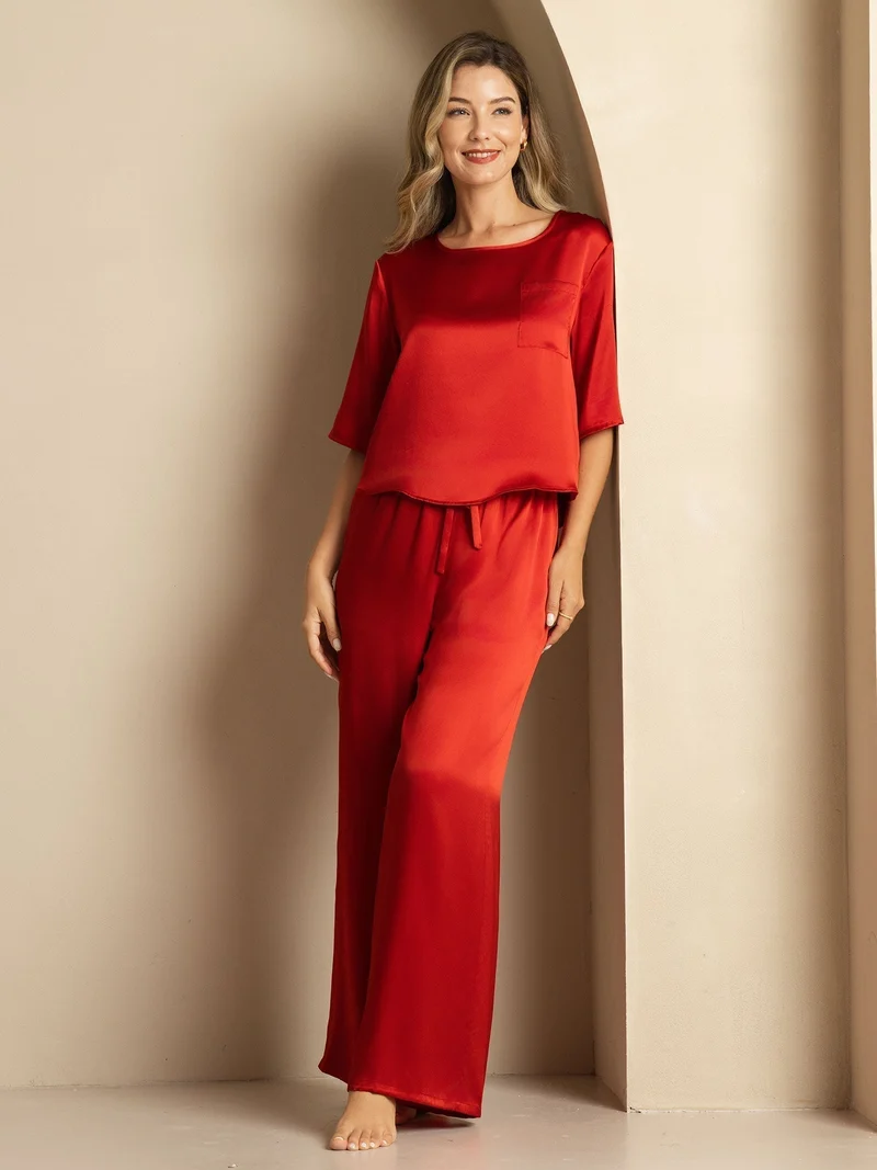 100% Maulbeerseide Damen-Halbarm-Pyjama-Set mit Rundhalsausschnitt