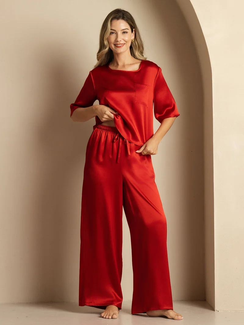 100% Maulbeerseide Damen-Halbarm-Pyjama-Set mit Rundhalsausschnitt