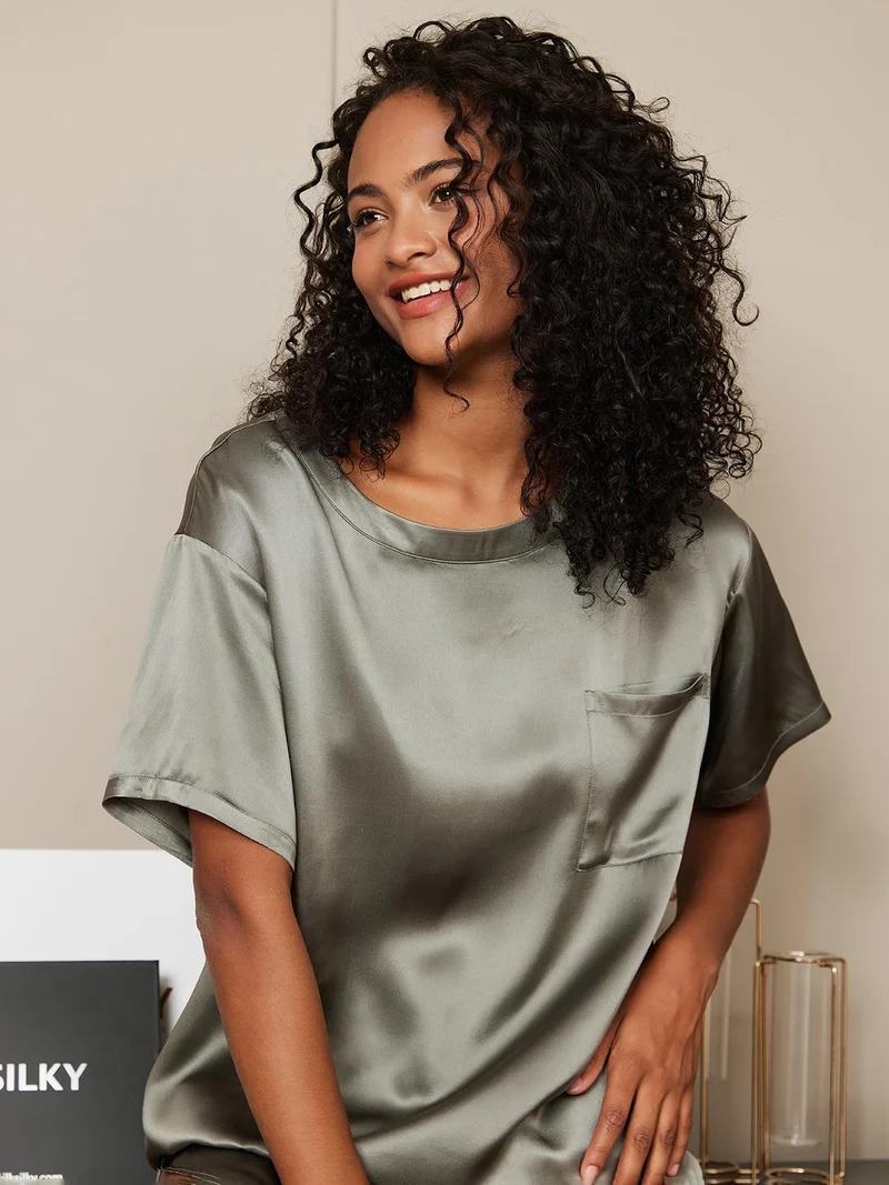 100% Maulbeerseide Damen-Kurzarm-Schlaf-T-Shirt mit Rundhalsausschnitt ohne Shorts