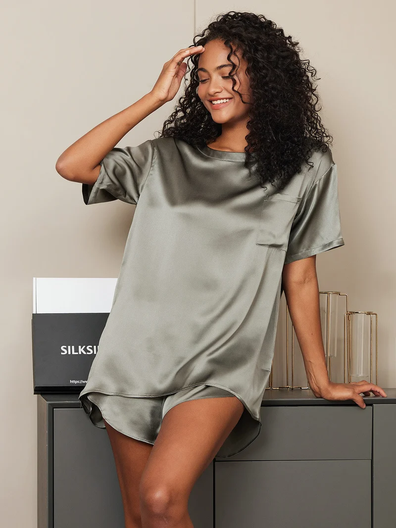 100% Maulbeerseide Damen-Kurzarm-Schlaf-T-Shirt mit Rundhalsausschnitt ohne Shorts