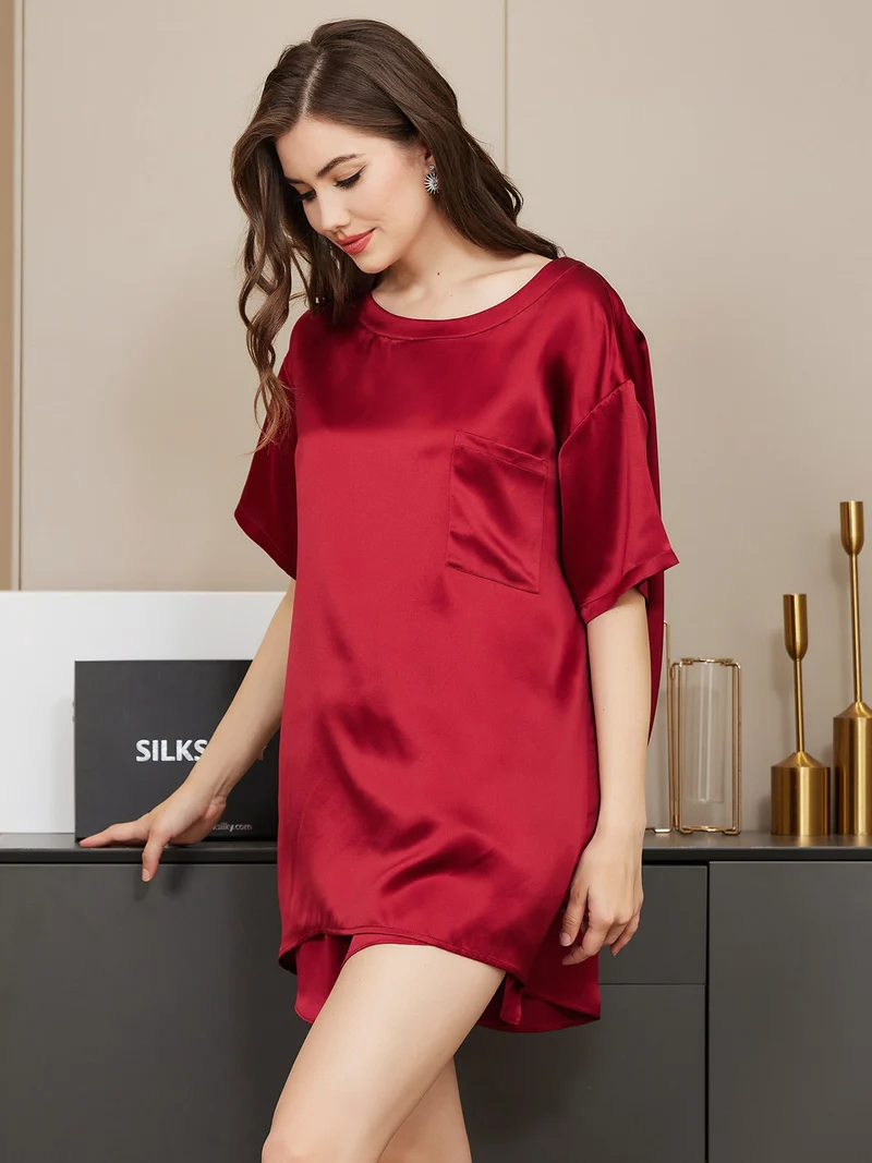 100% Maulbeerseide Damen-Kurzarm-Schlaf-T-Shirt mit Rundhalsausschnitt ohne Shorts