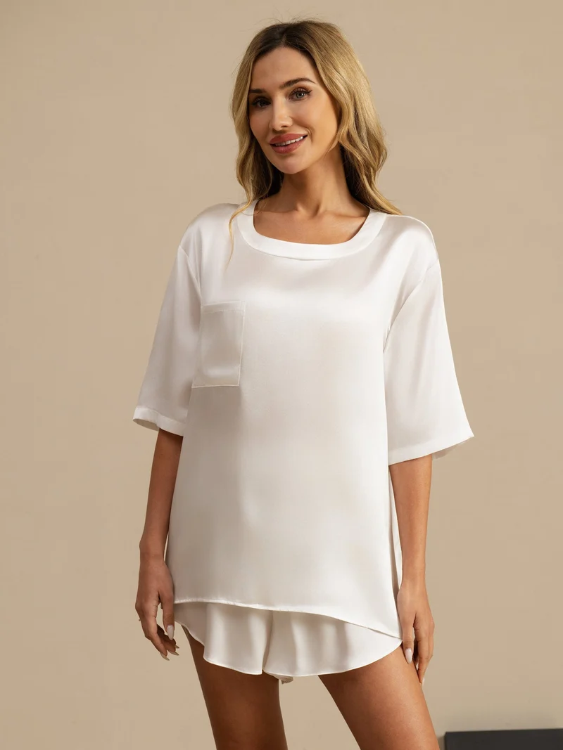 100% Maulbeerseide Damen-Kurzarm-Schlaf-T-Shirt mit Rundhalsausschnitt ohne Shorts