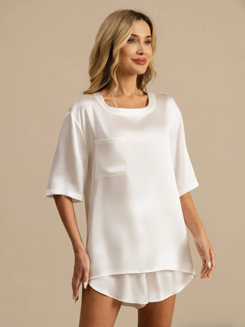 100% Maulbeerseide Damen-Kurzarm-Schlaf-T-Shirt mit Rundhalsausschnitt ohne Shorts
