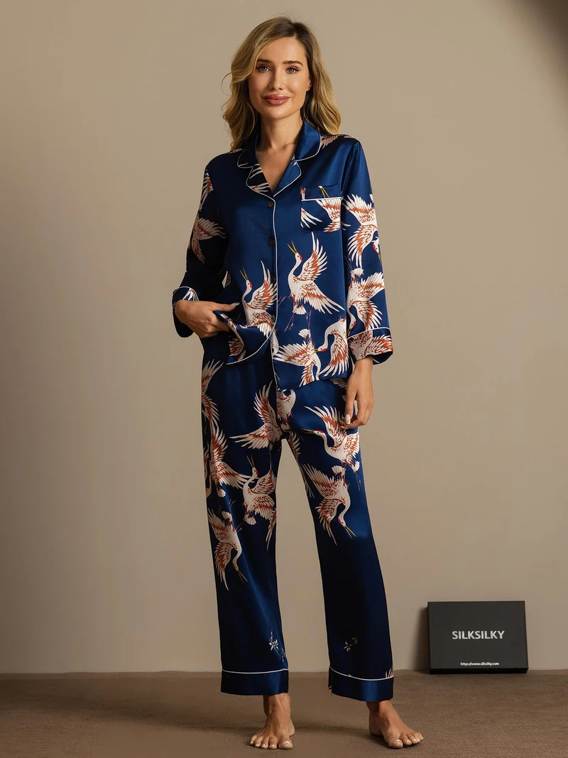 19 Momme 100% Maulbeerseide Damen-Langarm-Pyjama-Set mit Kranichmuster