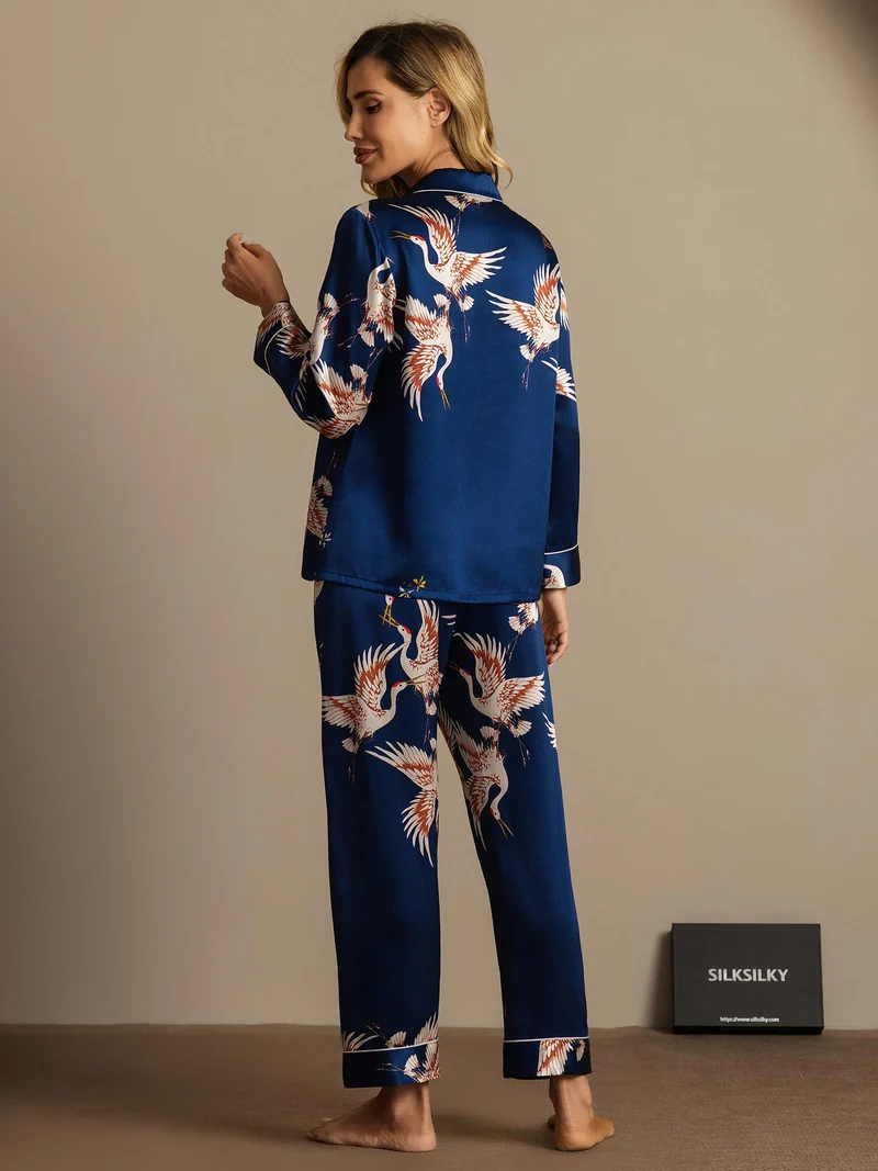 19 Momme 100% Maulbeerseide Damen-Langarm-Pyjama-Set mit Kranichmuster